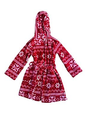 Cuddl Duds Red and White Hooded Kids Fleece Robe with Snowflake Print